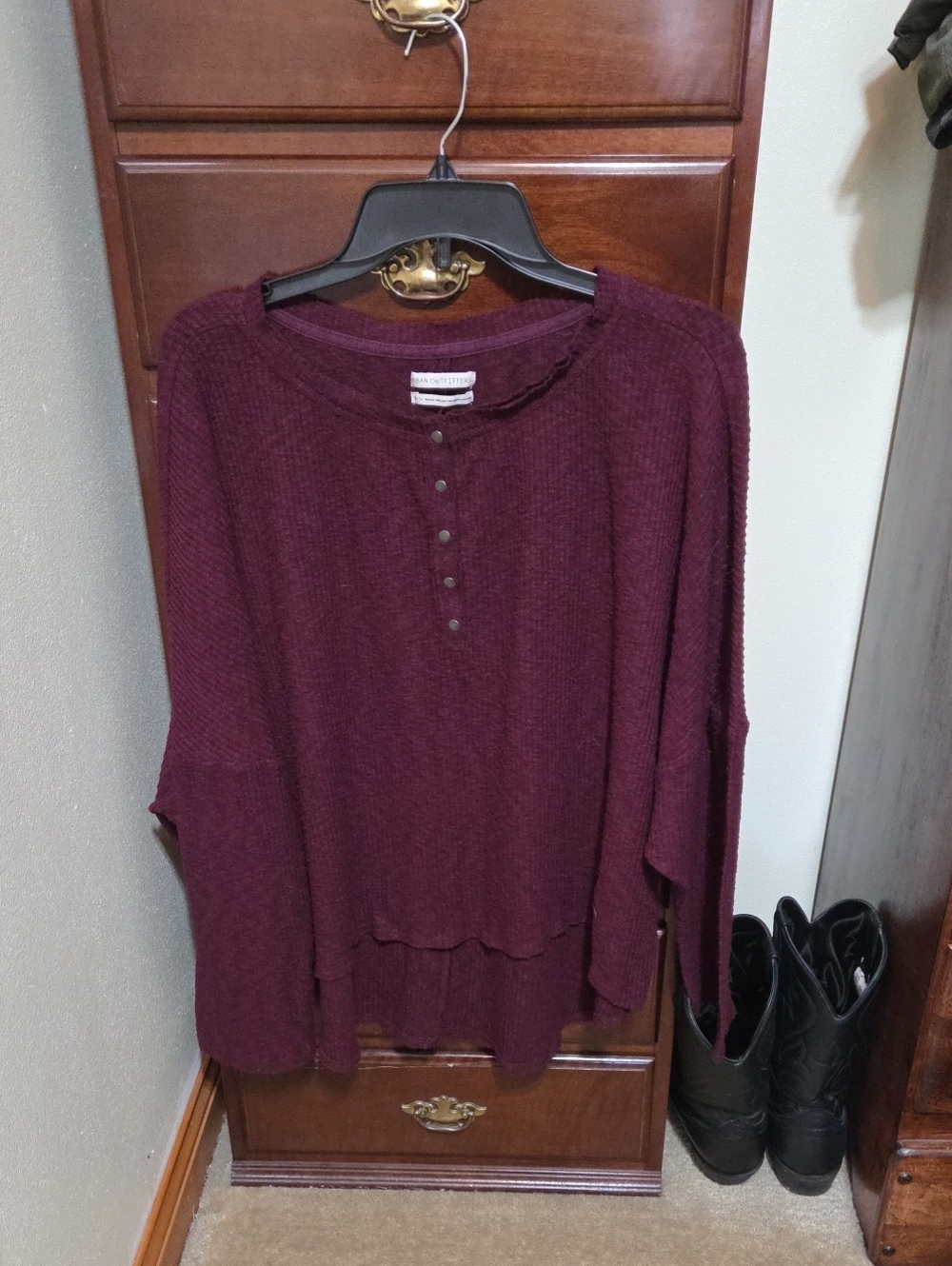 Urban Outfitters Burgundy Waffle-Knit Henley Long Sleeve Top